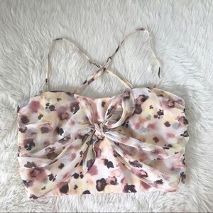 GIANNI BINI Floral Chiffon Spaghetti Strap Crop‎ Top Tank Tie Front Cream XS